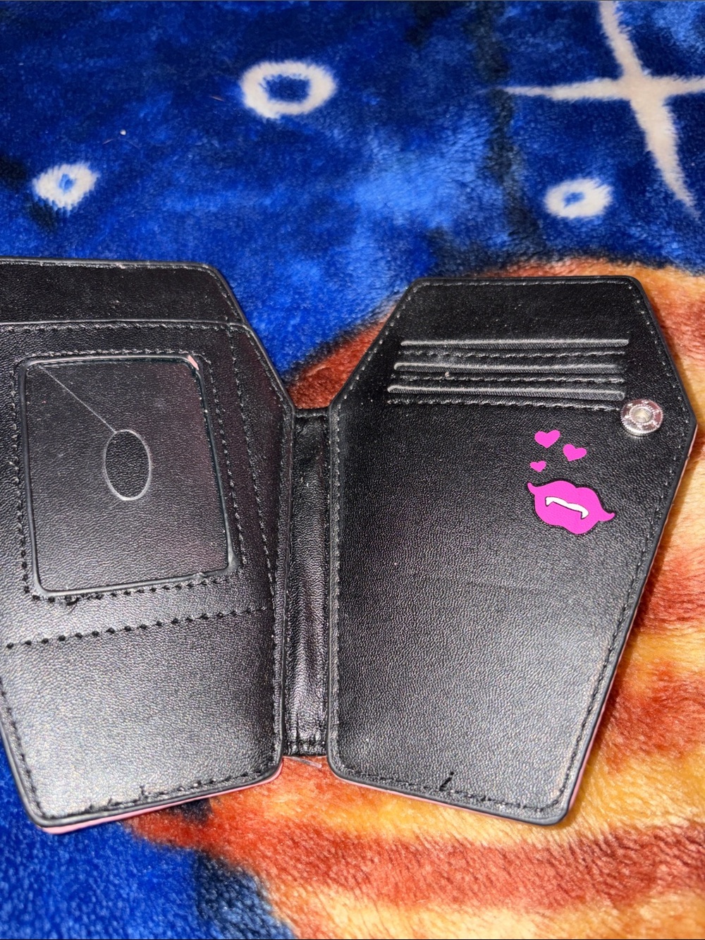 Black Trifold Wallet with Pink Kiss Accent
